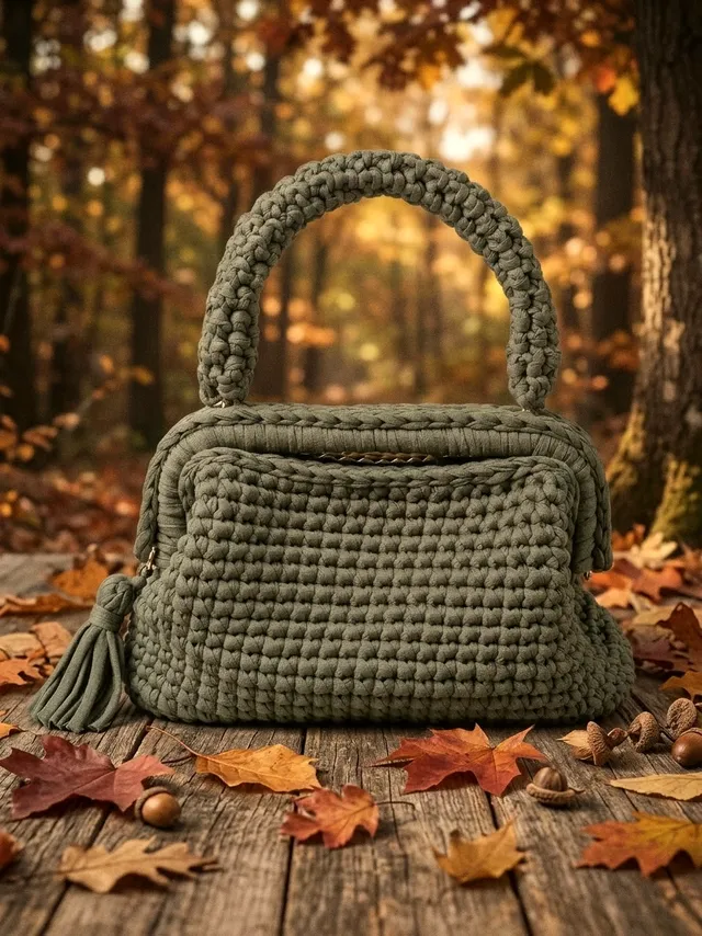 Borsa Alicudi verde oliva con manico intrecciato e nappa, su un tavolo di legno tra foglie d’autunno
