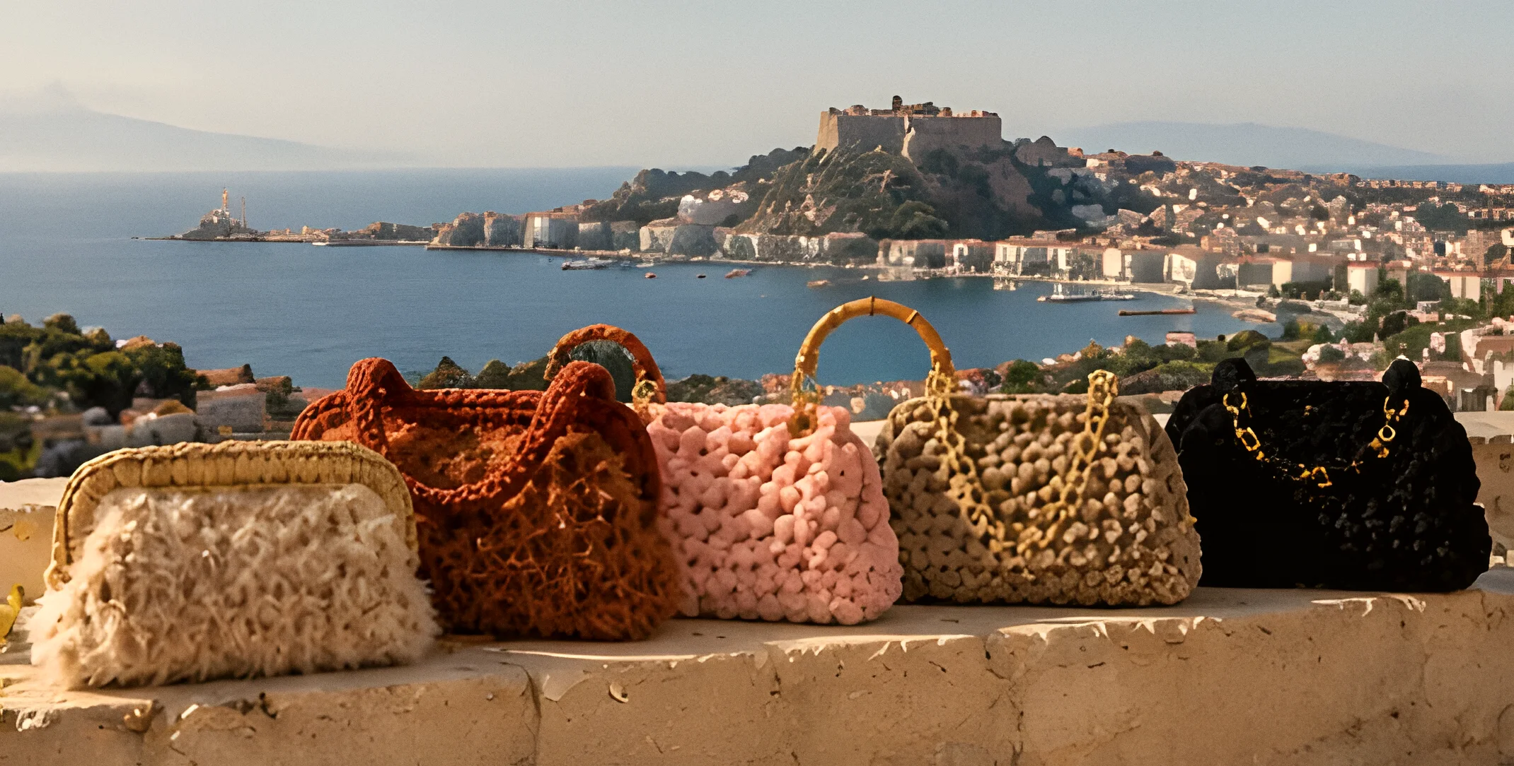 Le borse MIA sul muretto di una terrazza, il castello di Milazzo e il mare