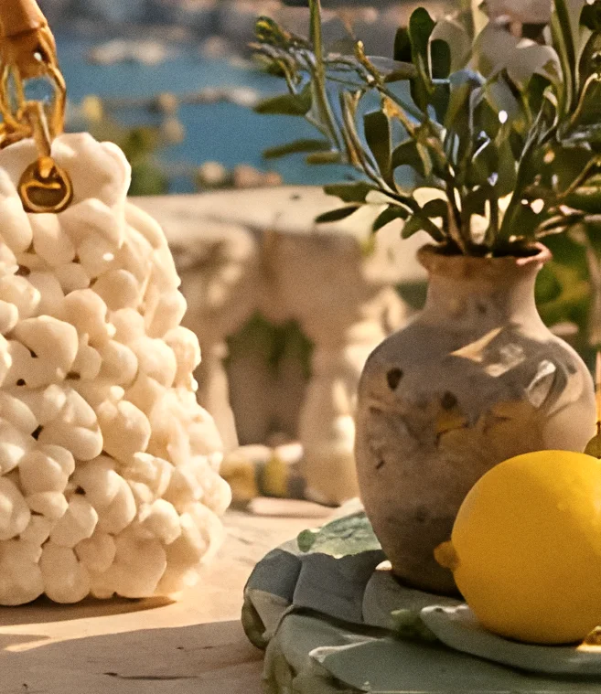 Limoni siciliani e una borsa MIA avorio su un tavolo di pietra