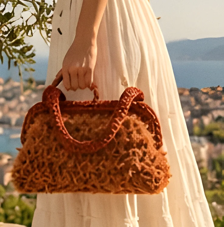 Una donna in abito bianco porta a mano la borsa Vulcano terracotta