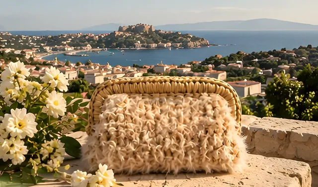 Clutch Eolia avorio effetto piuma su una terrazza con fiori bianchi, Milazzo e il mare sullo sfondo