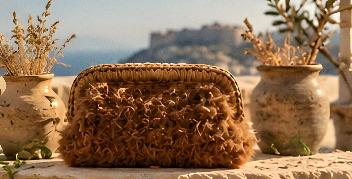 Clutch Eolia marrone su pietra chiara accanto ad anfore e spighe secche