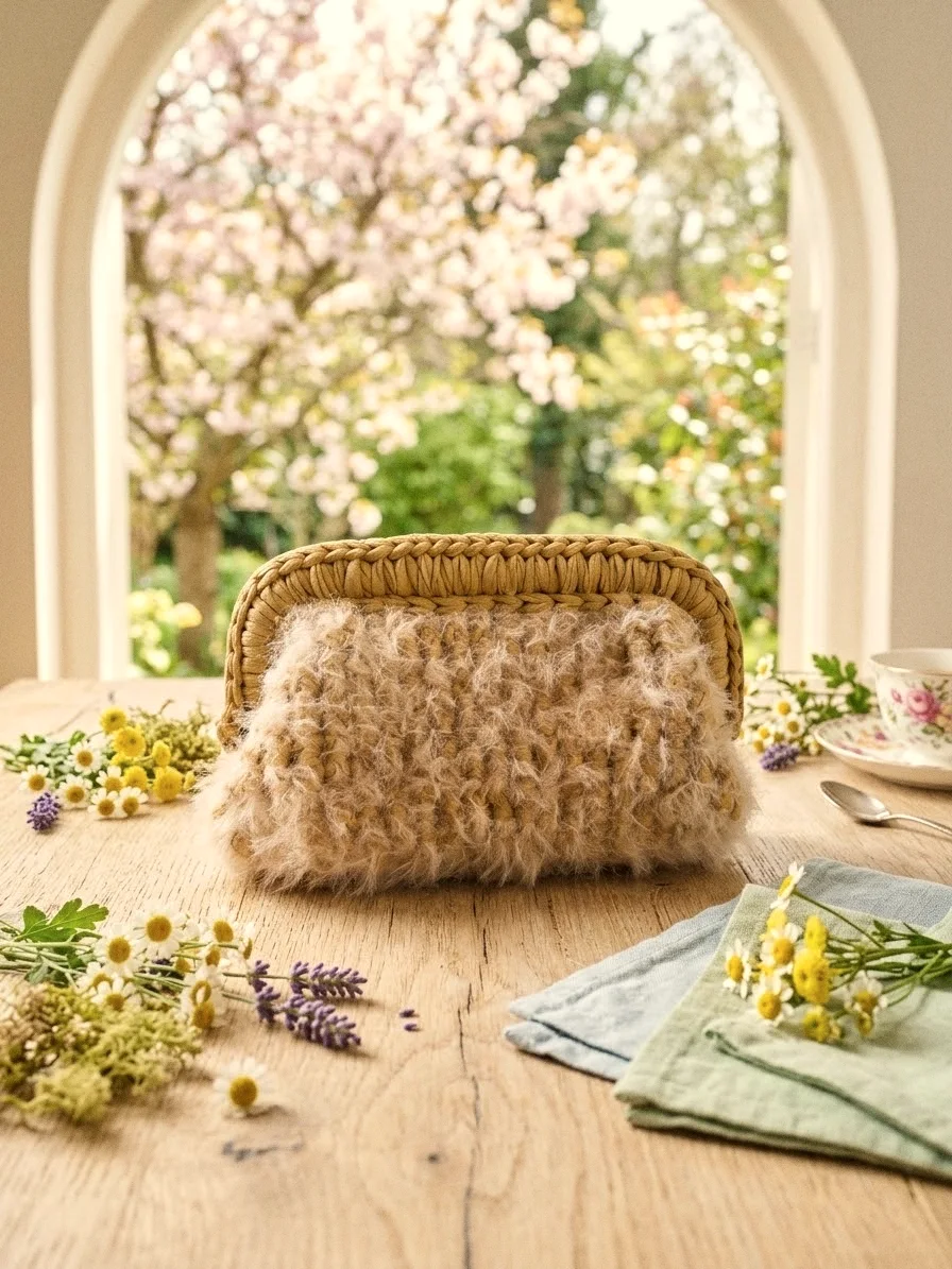 Clutch Eolia sabbia su un tavolo di legno con fiori di campo, davanti a una finestra ad arco sul giardino