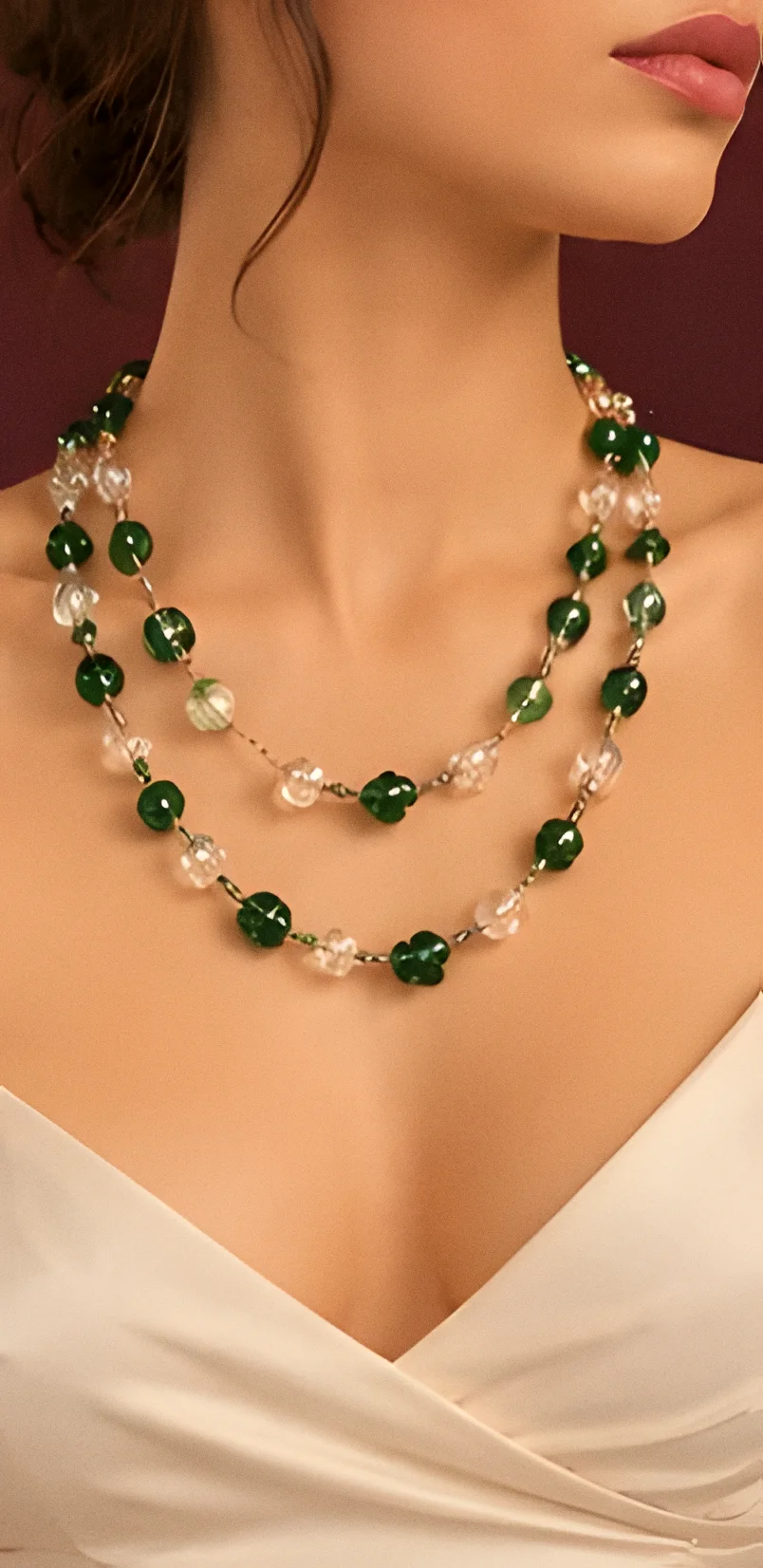 Collana Lampedusa verde e cristallo indossata su un abito avorio