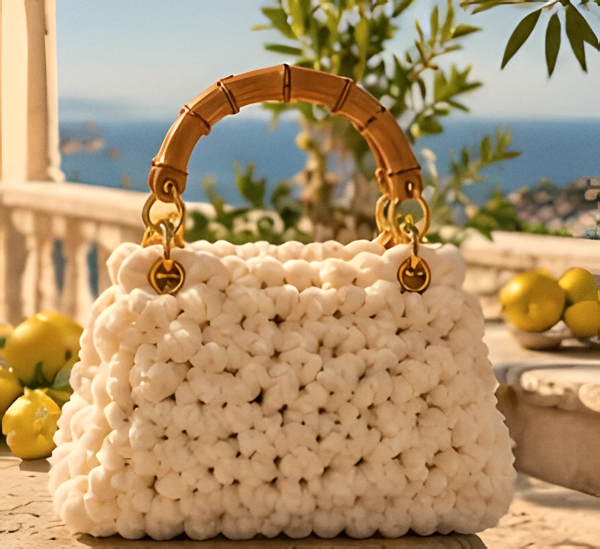 Borsa Lipari avorio con manico in bambù