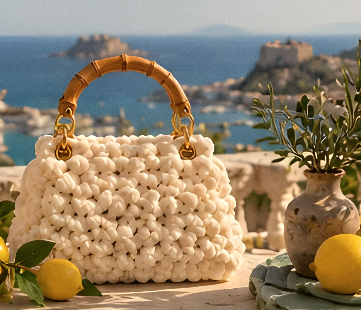 Borsa Lipari avorio su un tavolo in pietra con limoni siciliani e un vaso di ulivo