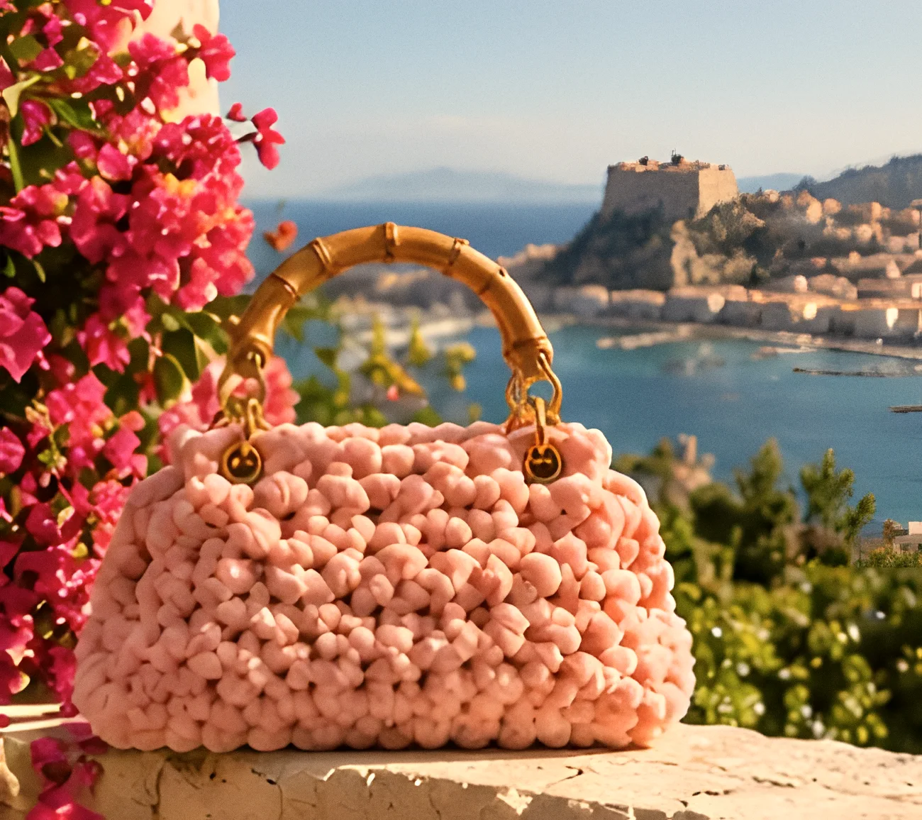 Borsa Lipari rosa cipria tra le bouganville, il castello di Milazzo sul mare