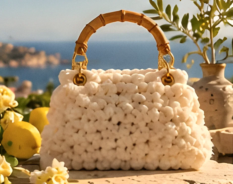 Borsa Lipari crema tra limoni e ulivi, con il castello di Milazzo sullo sfondo