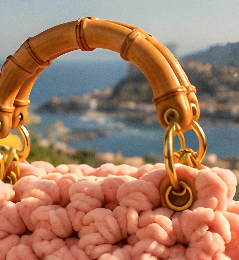 Dettaglio del manico in bambù e degli anelli dorati sull’intreccio rosa