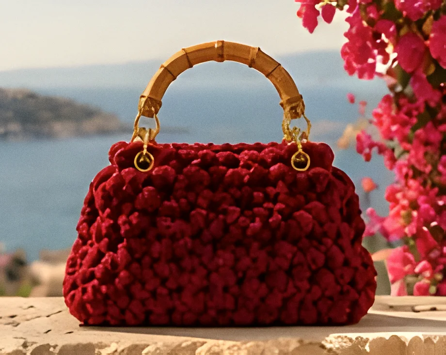 Borsa Lipari rosso vino con manico in bambù tra le bouganville