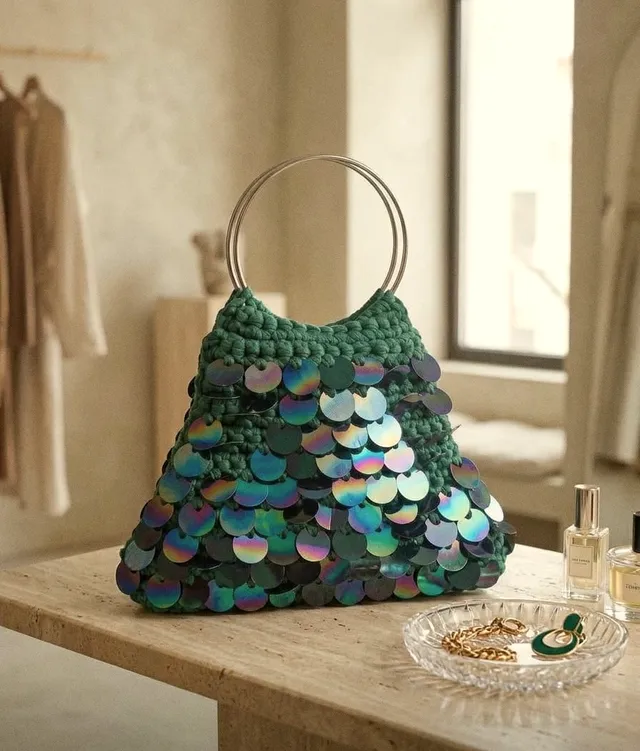 Borsa Marettimo verde smeraldo con paillettes iridescenti e manici ad anello, su un tavolo in travertino