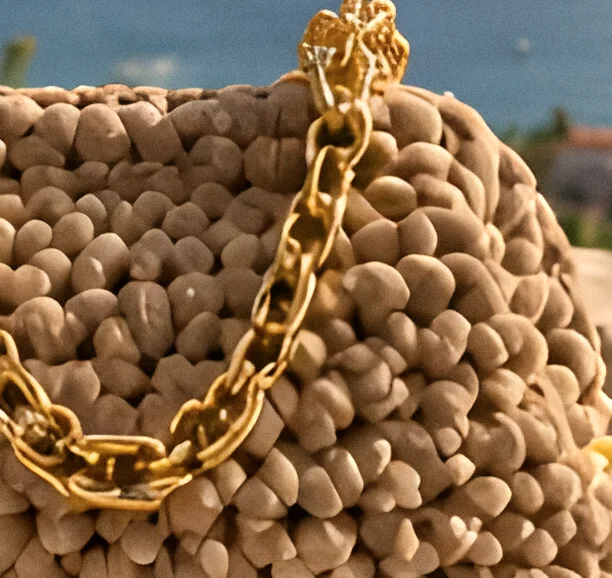 Catena dorata che scorre tra le maglie tortora della borsa Milazzo
