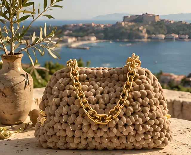 Borsa Milazzo tortora con catena dorata su un muretto in pietra, con il mare di Milazzo alle spalle
