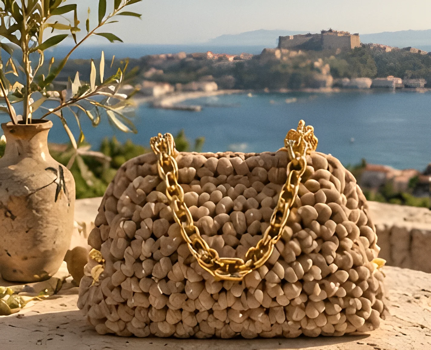 Borsa Milazzo tortora con catena dorata su un muretto in pietra, con il mare di Milazzo alle spalle