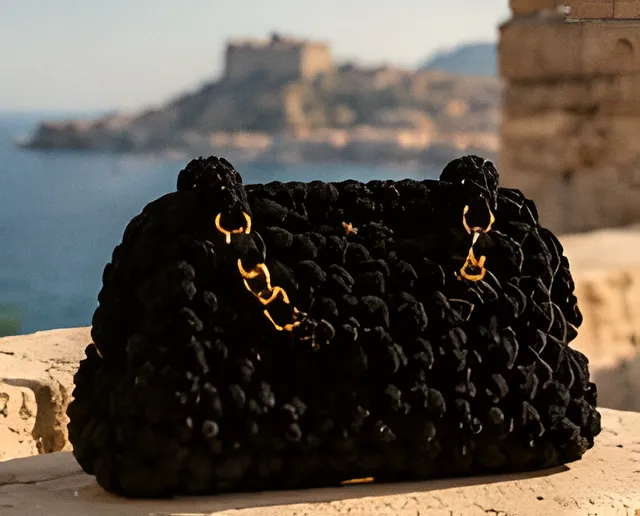 Borsa Panarea nera con catena dorata su pietra chiara, il castello di Milazzo sullo sfondo