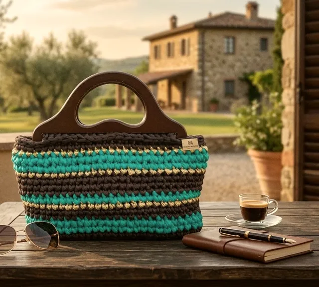 Borsa Pantelleria a righe turchese, moro e oro con manici in legno, su un tavolo rustico all’aperto