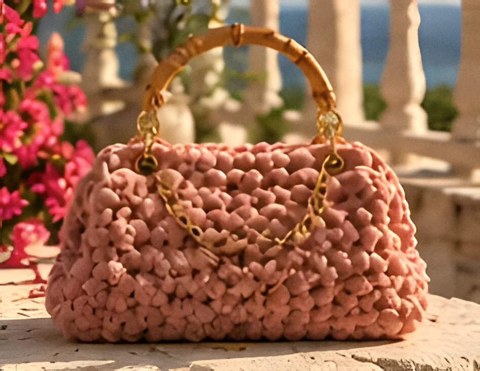 Bauletto Salina rosa cipria con catena dorata tra bouganville e colonne, mare sullo sfondo