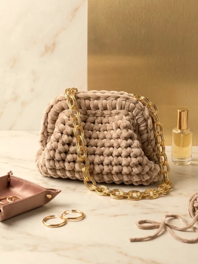 Borsa Taormina in velluto tortora con catena dorata su marmo chiaro, accanto a orecchini dorati e un profumo