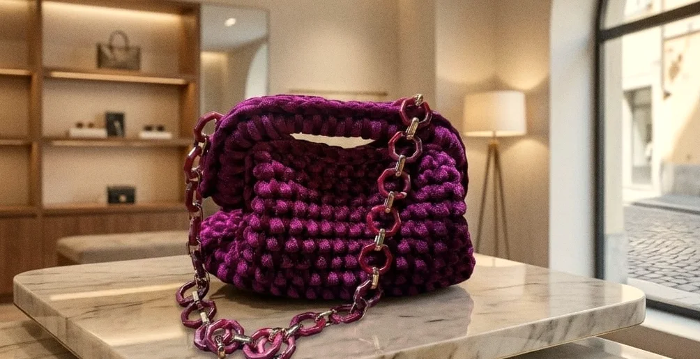 Pochette Tindari in velluto prugna con catena abbinata, su un piano in marmo