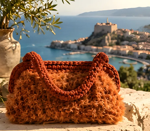 Borsa Vulcano terracotta su una terrazza, il castello di Milazzo e il porto sullo sfondo