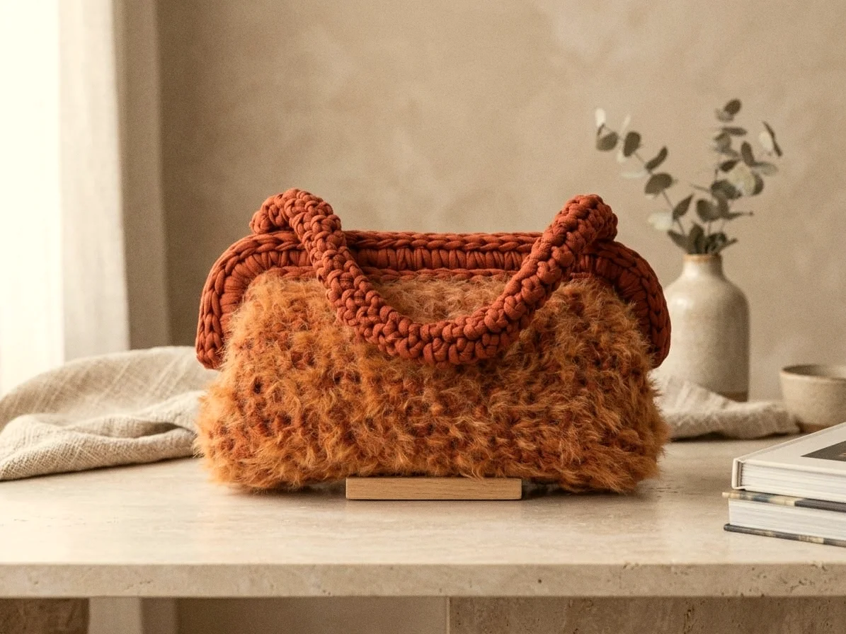 Borsa Vulcano terracotta su un piano in travertino, luce naturale